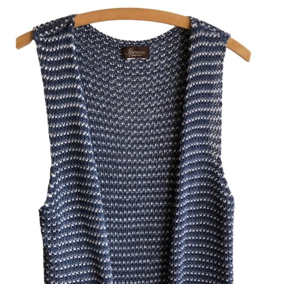 Iperico Cardigan Open Front Sleeveless Long Knit Fringe Blue White - Picture 2 of 8